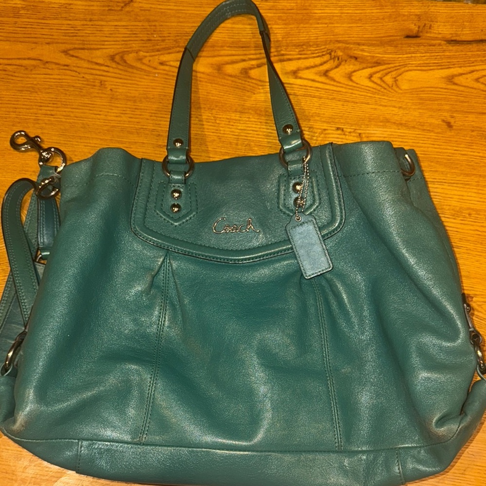 Coach Green Leather Tote Open to offers Minor wear on bottom corners